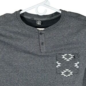 Volcom Mens Long Sleeve Henley Shirt Charcoal Grey Geometric Pocket Medium